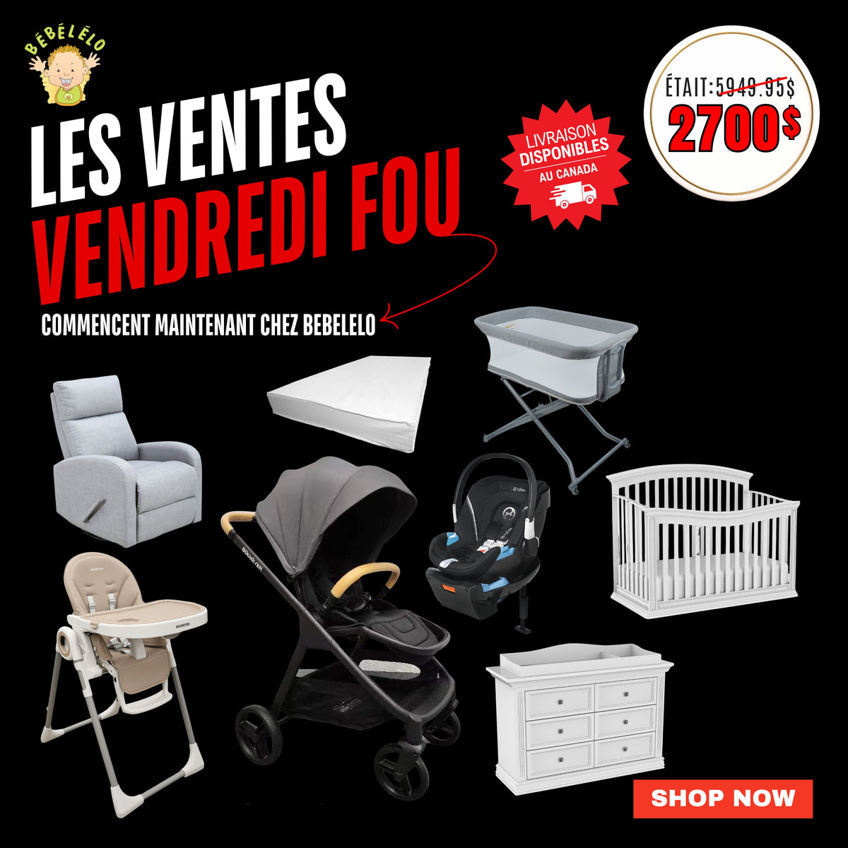 Kit De Depart Poussette Boobeyeh, Chaise Bercante, Siège Auto Graco Lit De Bebe Bureau Double Chaise Haute Bassinette Et Matelas De Base