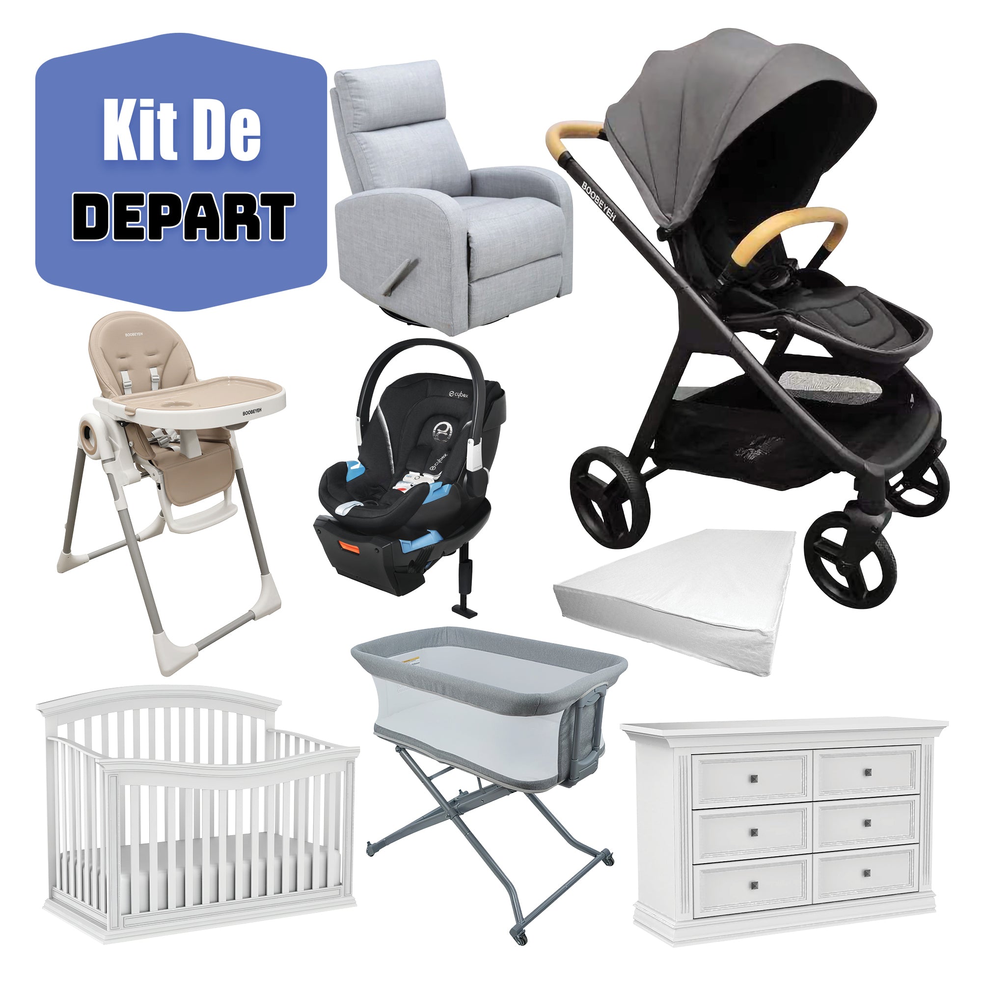 Kit de depart poussette boobeyeh, chaise bercante, siège auto Graco, lit de bébé, bureau double, chaise haute, bassinette et matelas de base