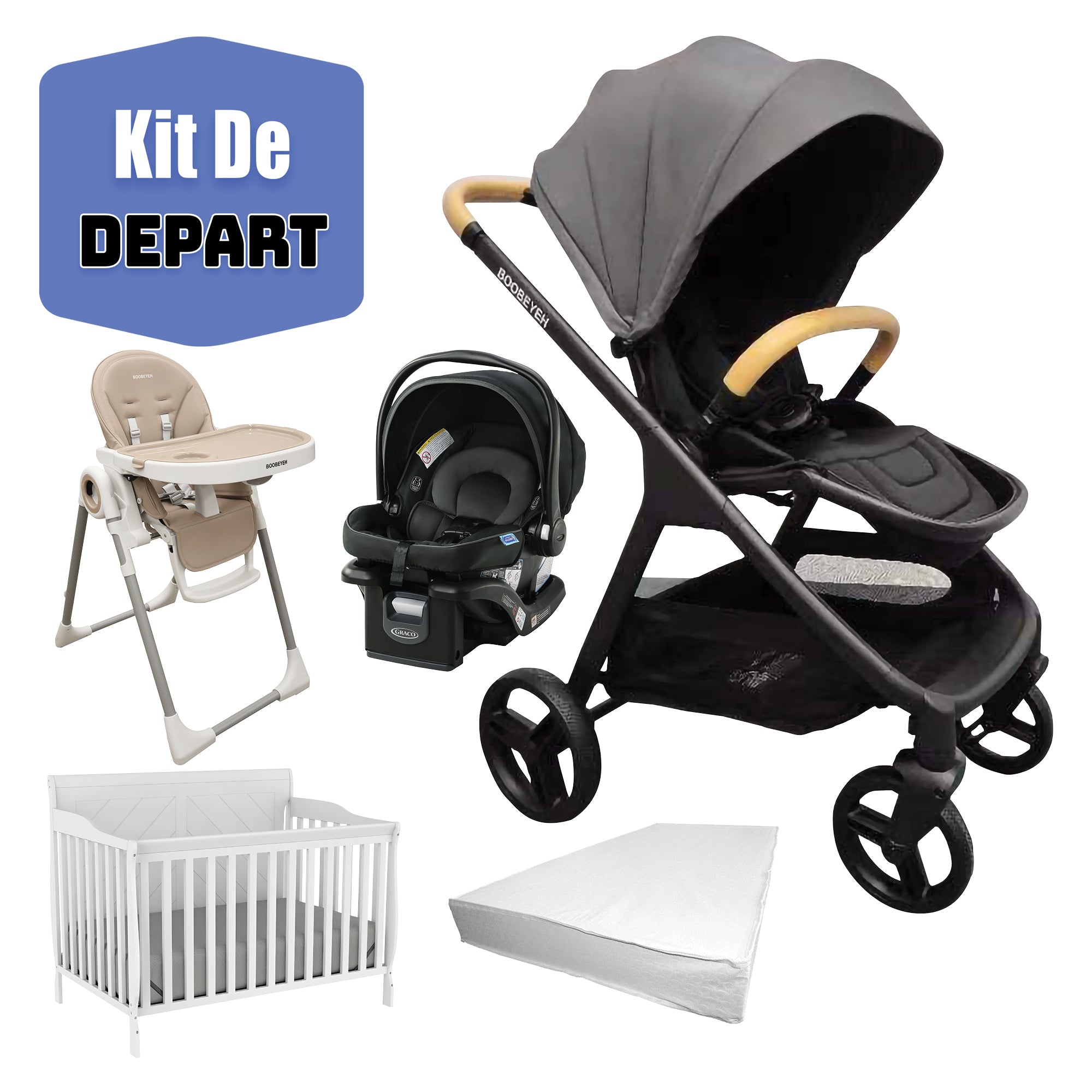 Kit de depart poussette Boobeyeh, siège auto Graco, chaise haute boobeyeh, lit de bébé et matelas de base