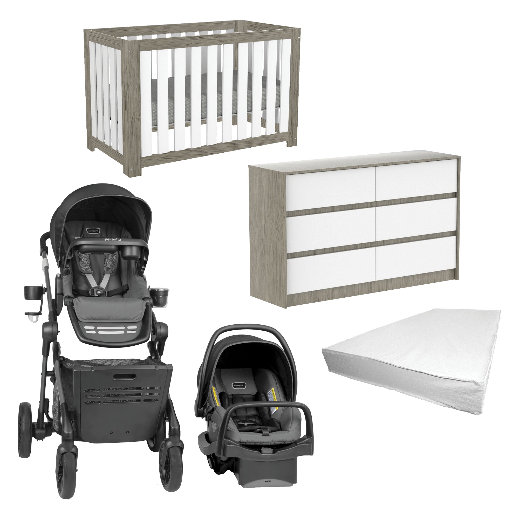 Image illustrant un kit complet pour la chambre de bébé, comprenant une poussette, un lit convertible et un matelas, offrant confort et praticité aux nouveaux parents.