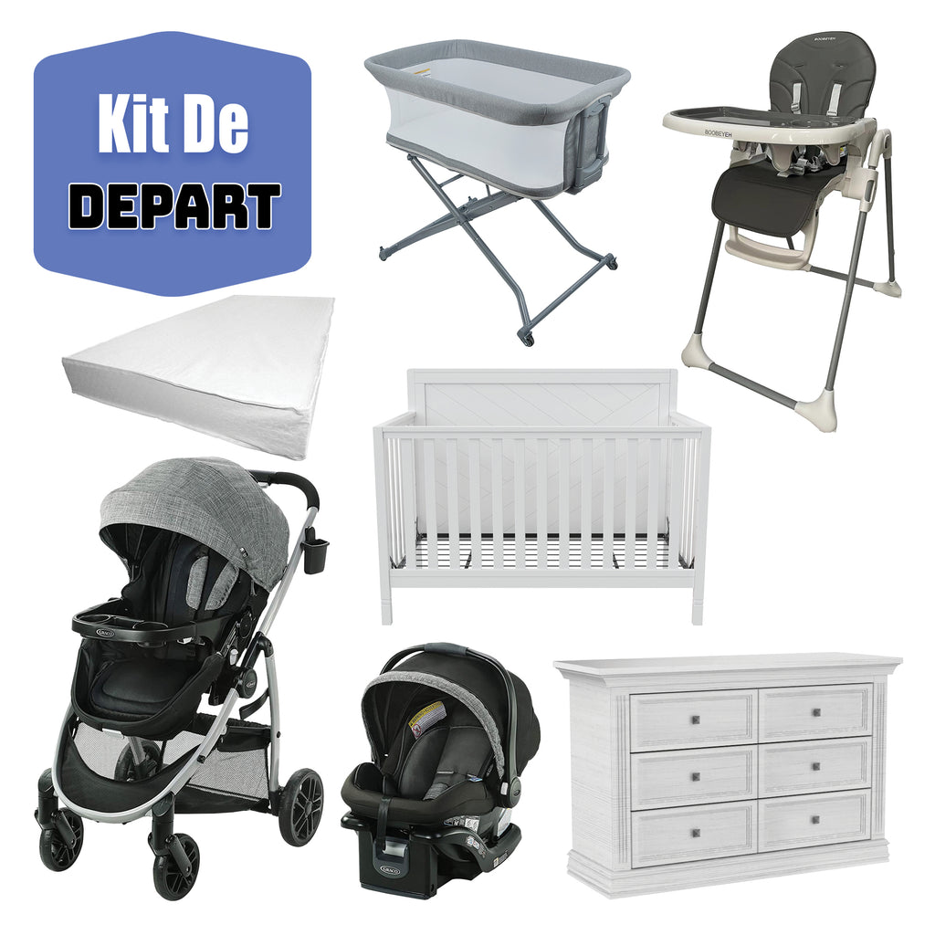 Kit complet pour chambre de bébé avec poussette, lit convertible, chaise haute et matelas, conçu pour le confort et la praticité des nouveaux parents.