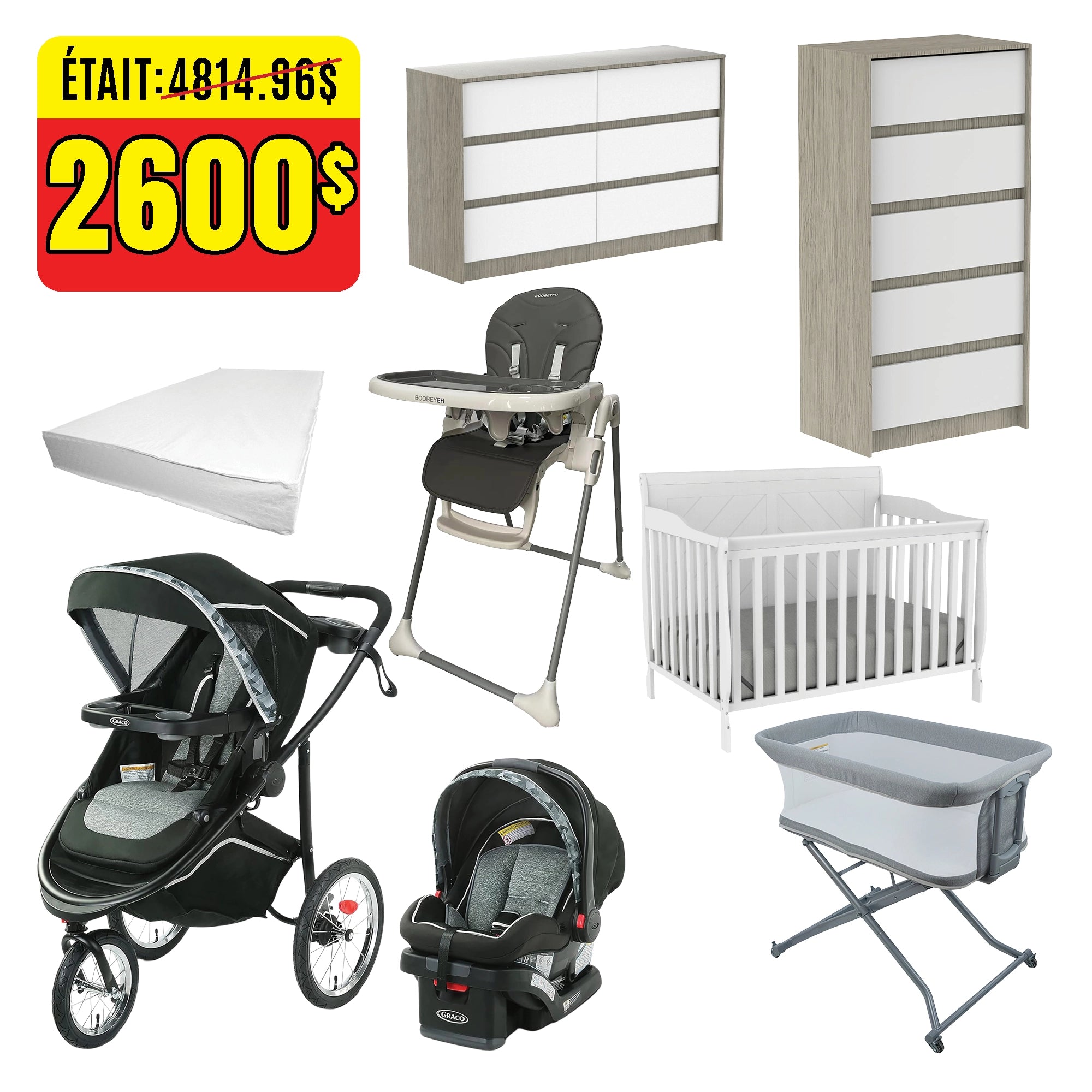 Système de voyage graco, lit convertible, berceau, chaise haute, matelas et commodes