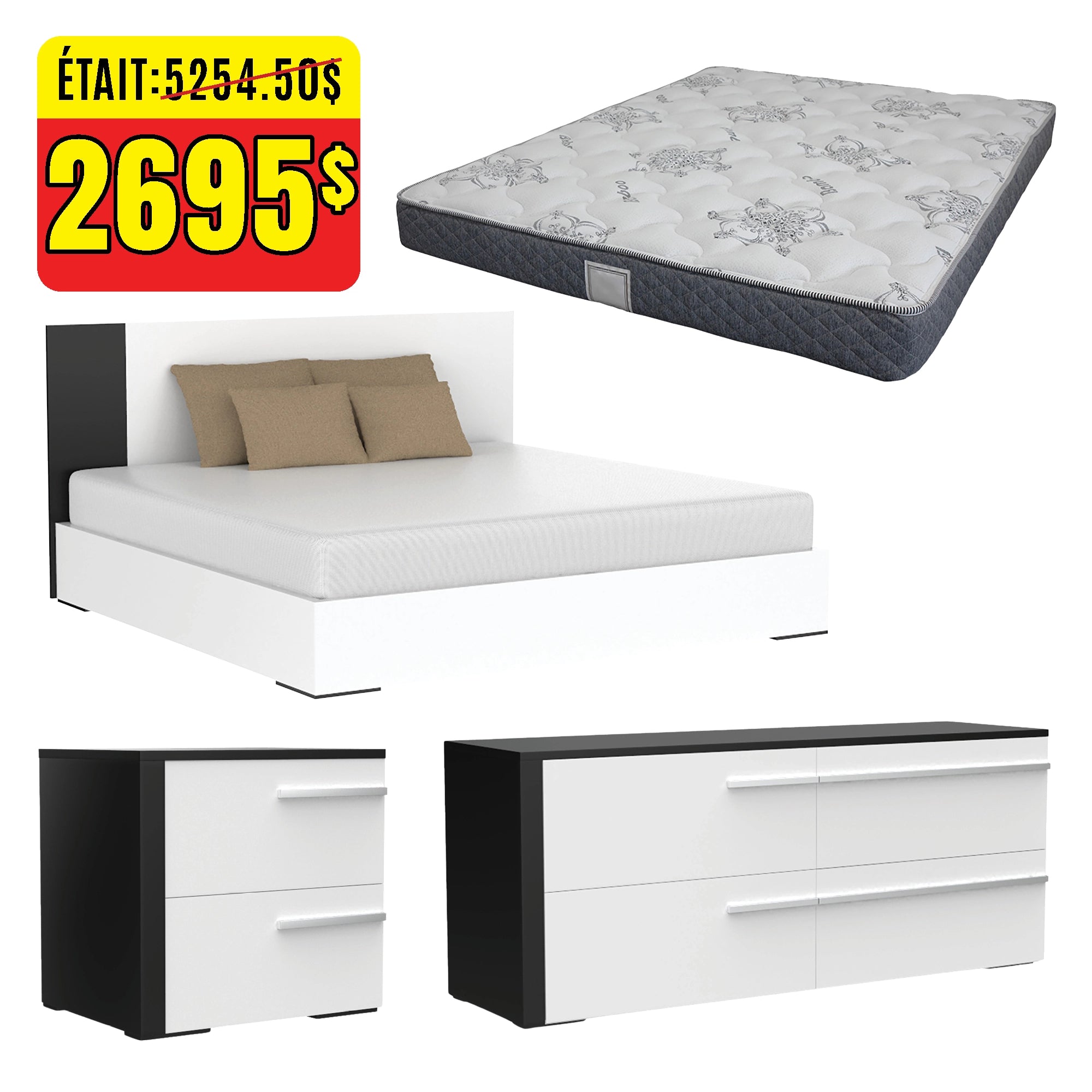 Trio gabriella lit double, commode, table de nuit et matelas