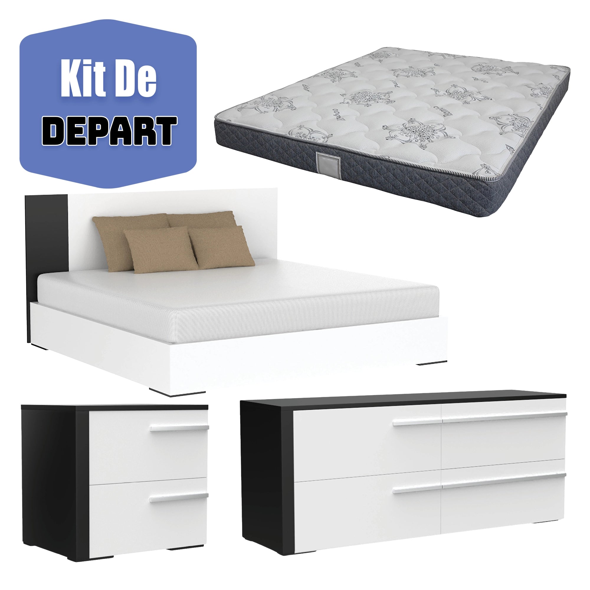 Trio gabriella lit double, commode, table de nuit et matelas