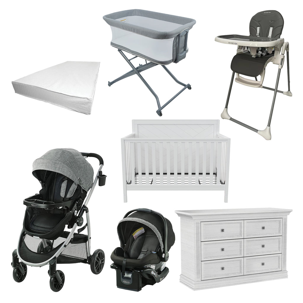 Kit complet pour bébé avec poussette, lit convertible, chaise haute et matelas, offrant confort et praticité pour les nouveaux parents.