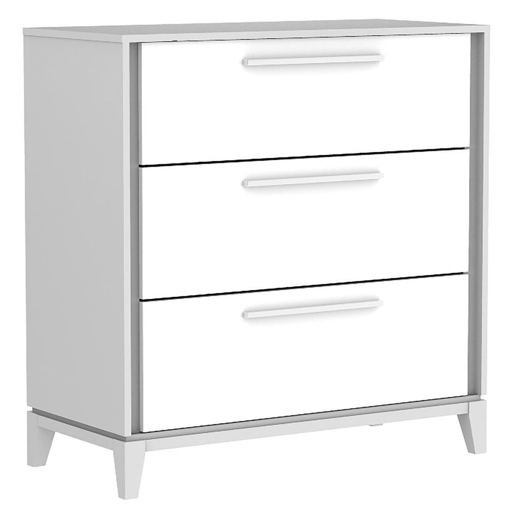 Commode 3 tiroirs moderna pour chambre, gris et blanc