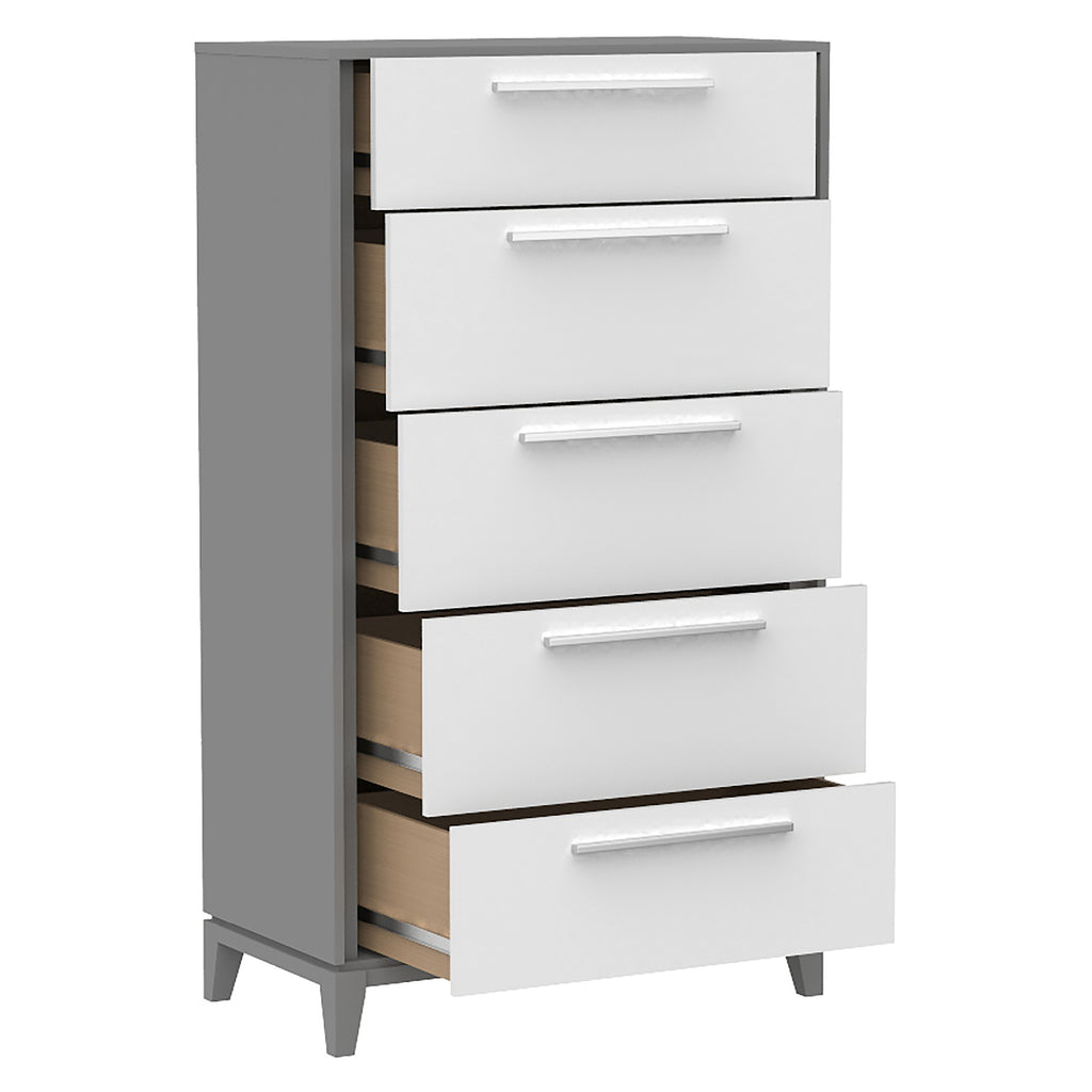 Commode 5 tiroirs moderna pour chambre, gris foncé et blanc