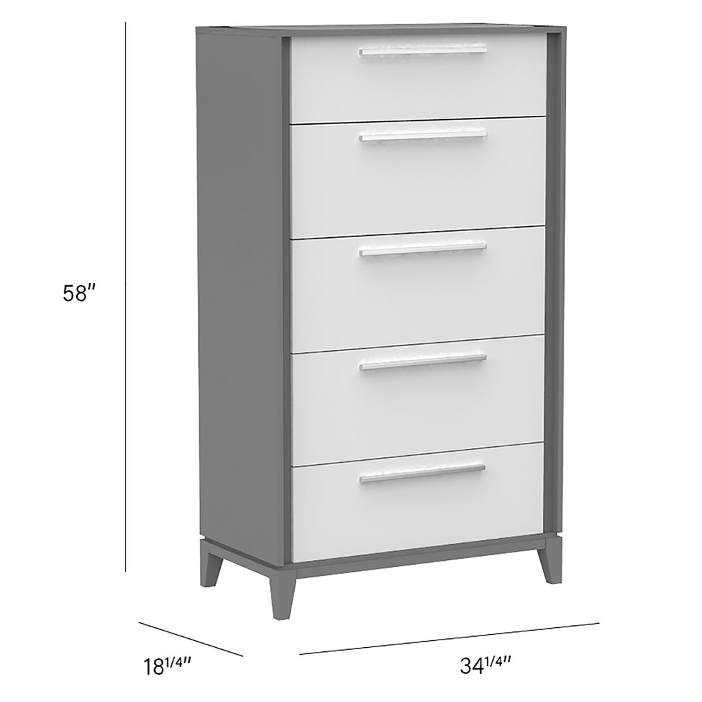 Commode 5 tiroirs moderna pour chambre, gris foncé et blanc