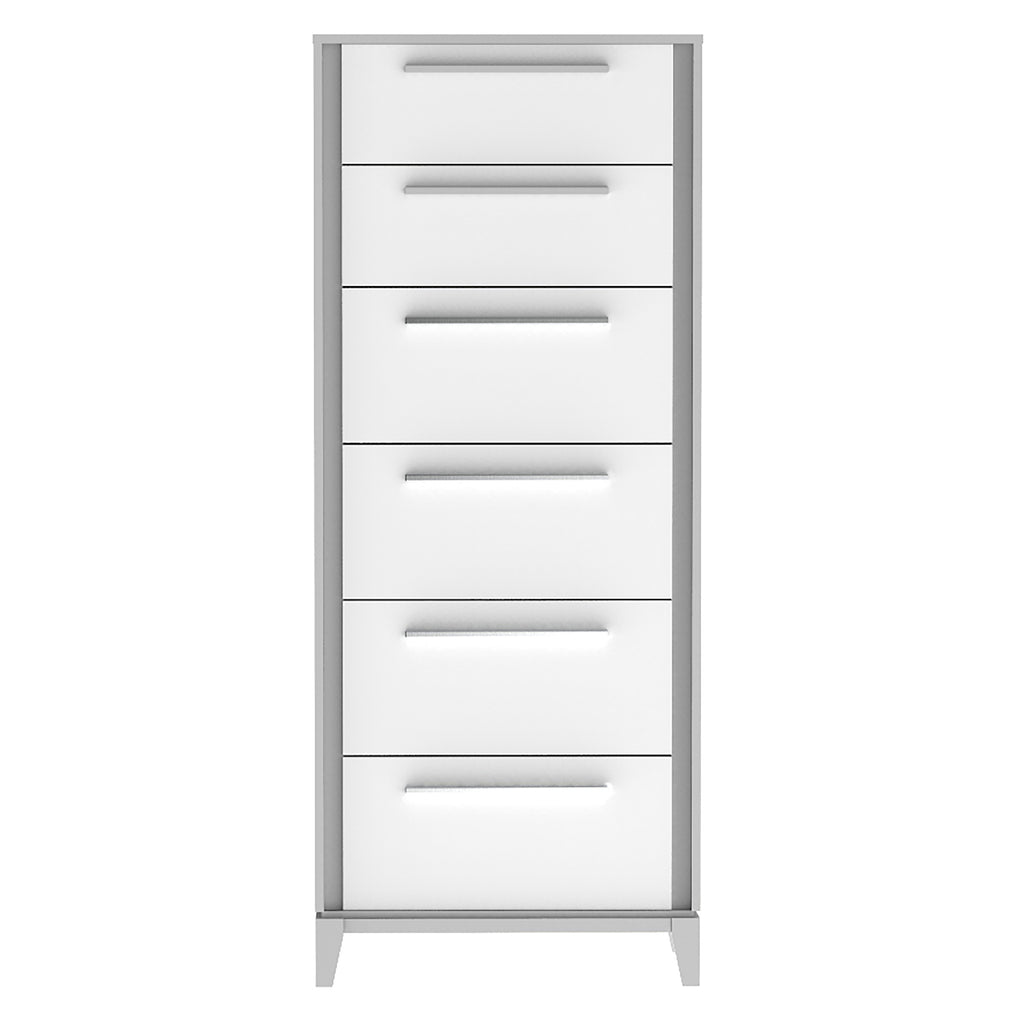 Commode 6 tiroirs moderna pour chambre, gris et blanc