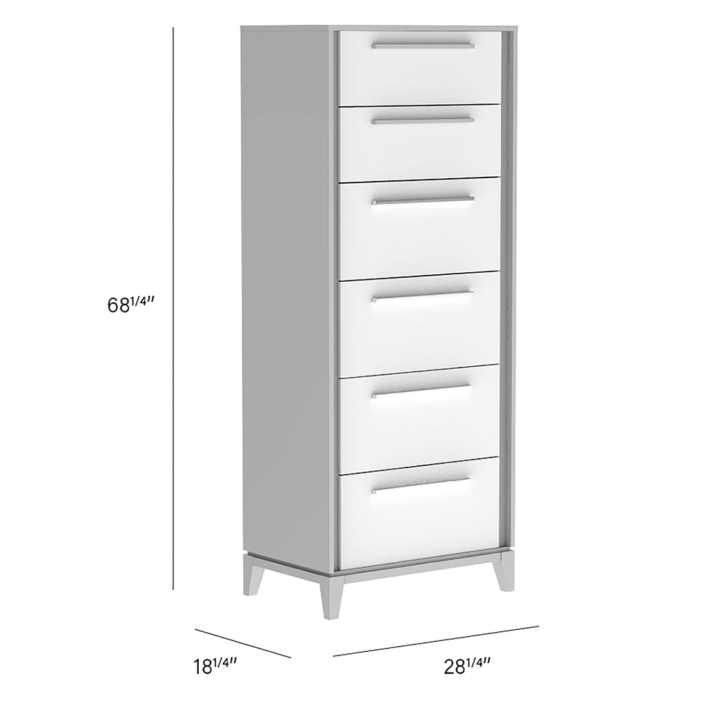Commode 6 tiroirs moderna pour chambre, gris et blanc