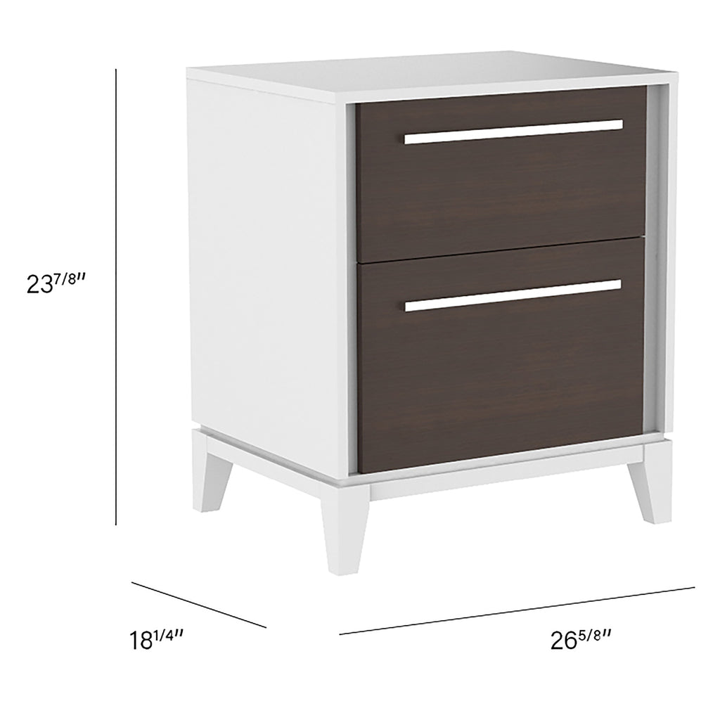 Table de nuit moderna pour chambre, blanc et noyer