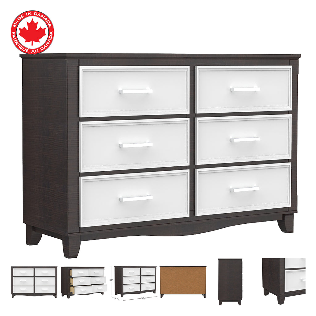 Petit bureau double 6 tiroirs bella pour chambre, blanc et bois grange