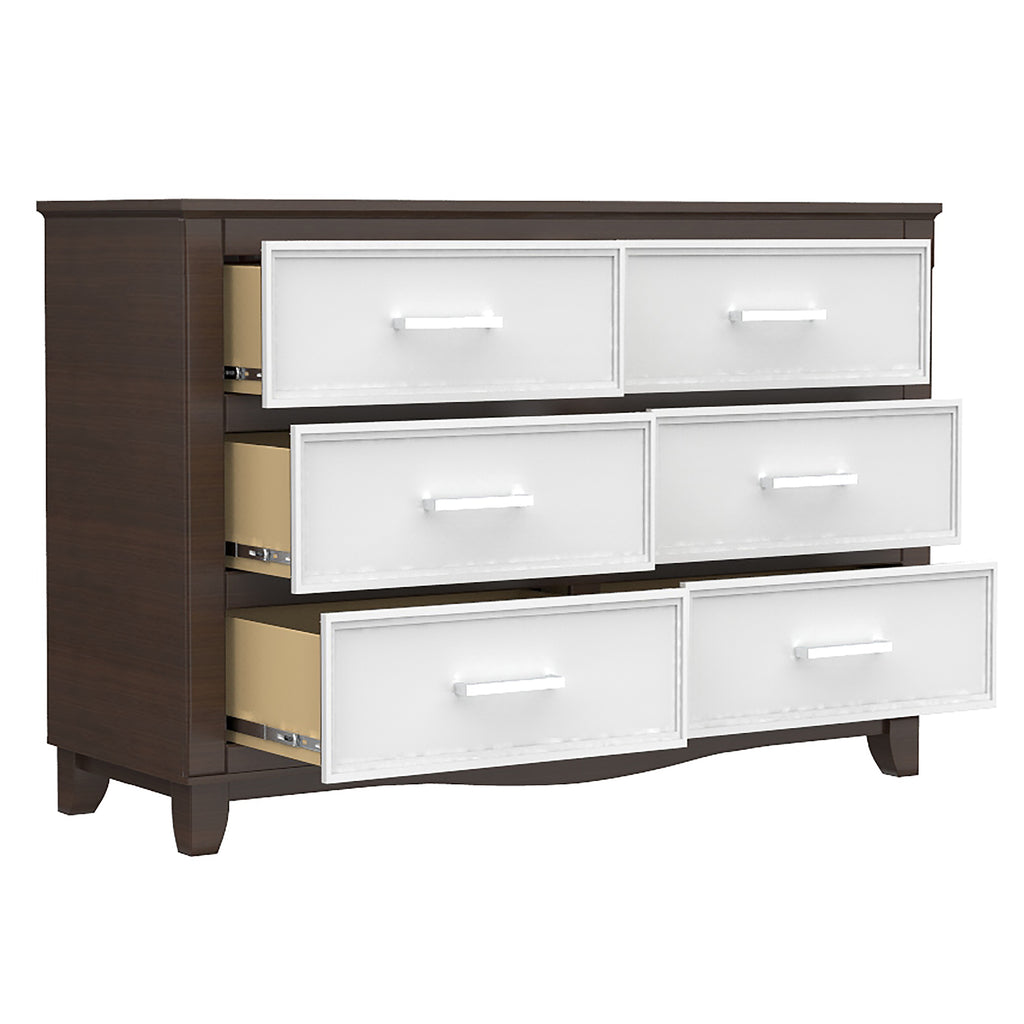 Petit bureau double 6 tiroirs bella pour chambre, blanc et noyer