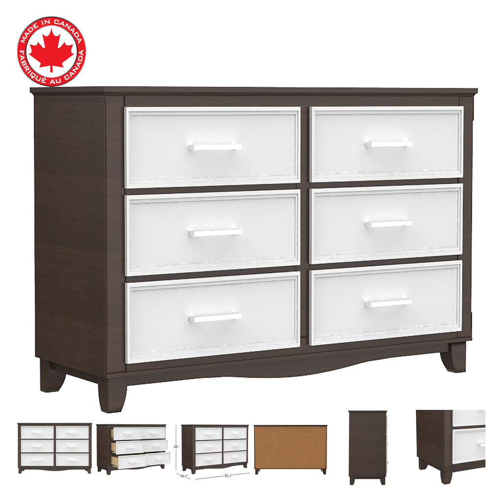 Petit bureau double 6 tiroirs bella pour chambre, blanc et noyer