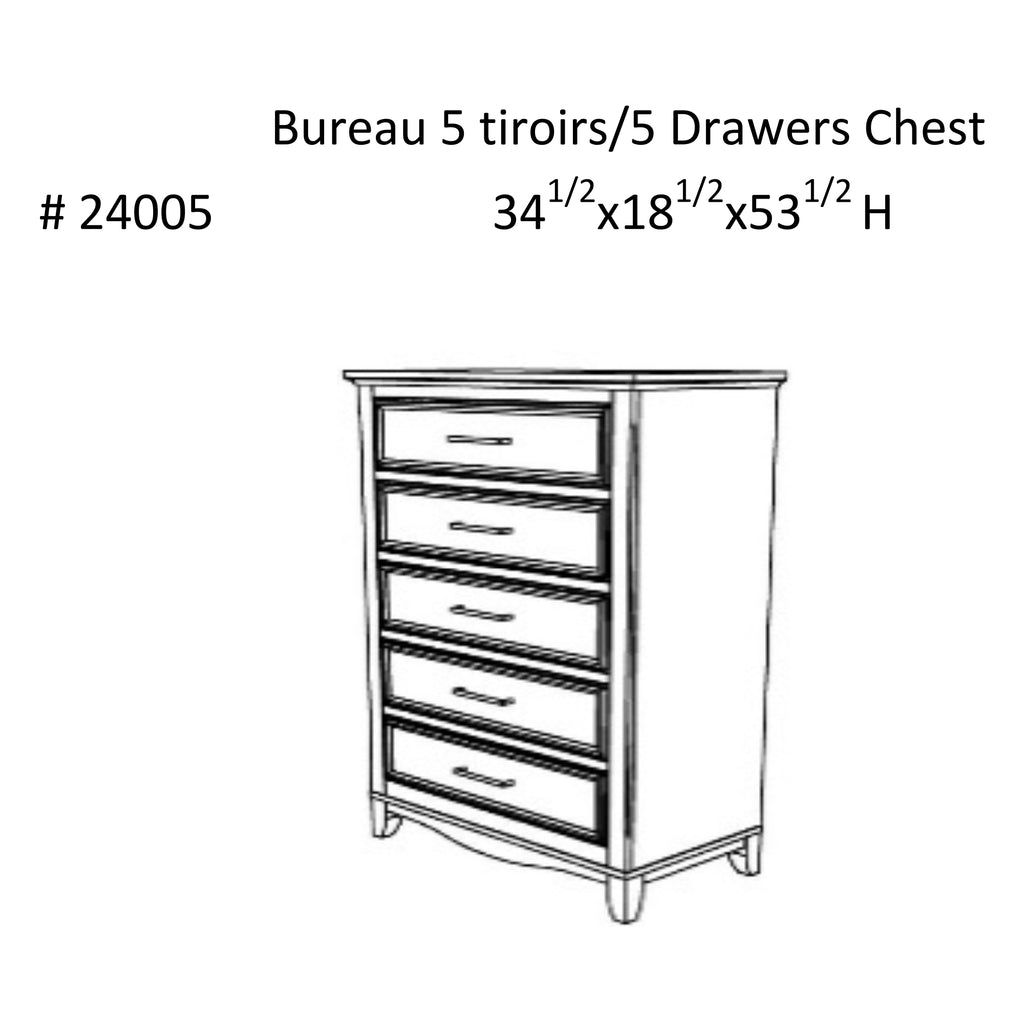 Commode 5 tiroirs bella pour chambre, blanc et grange en bois