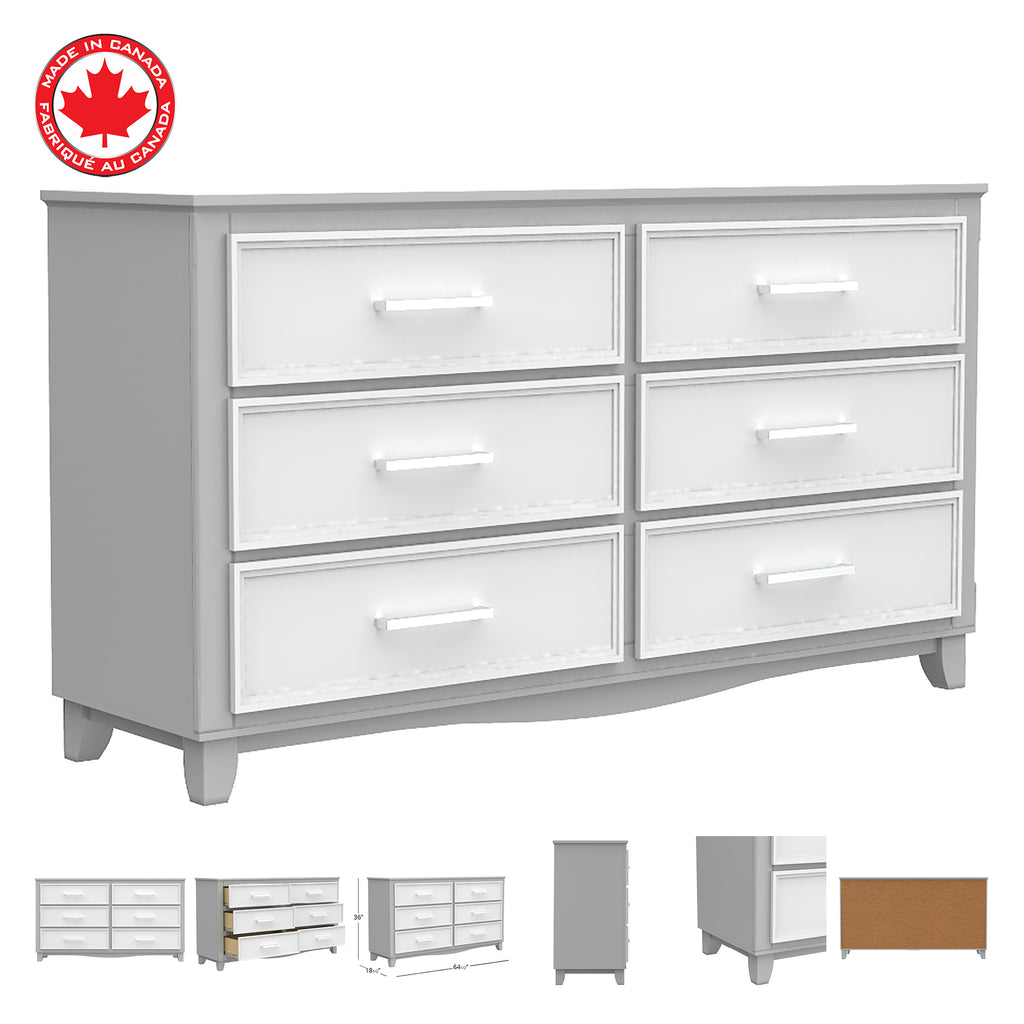 Bureau double 6 tiroirs bella pour chambre, gris et blanc