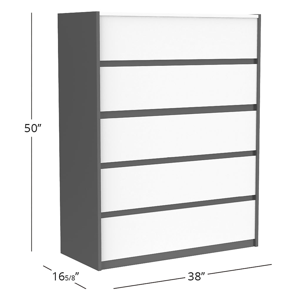 Commode 5 tiroirs farona pour chambre, gris foncé & blanc