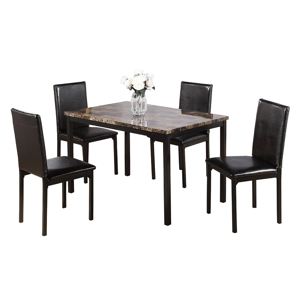 Ensemble dinette 5 pièces Bebelelo, table en marbre brun foncé et sièges rembourrés