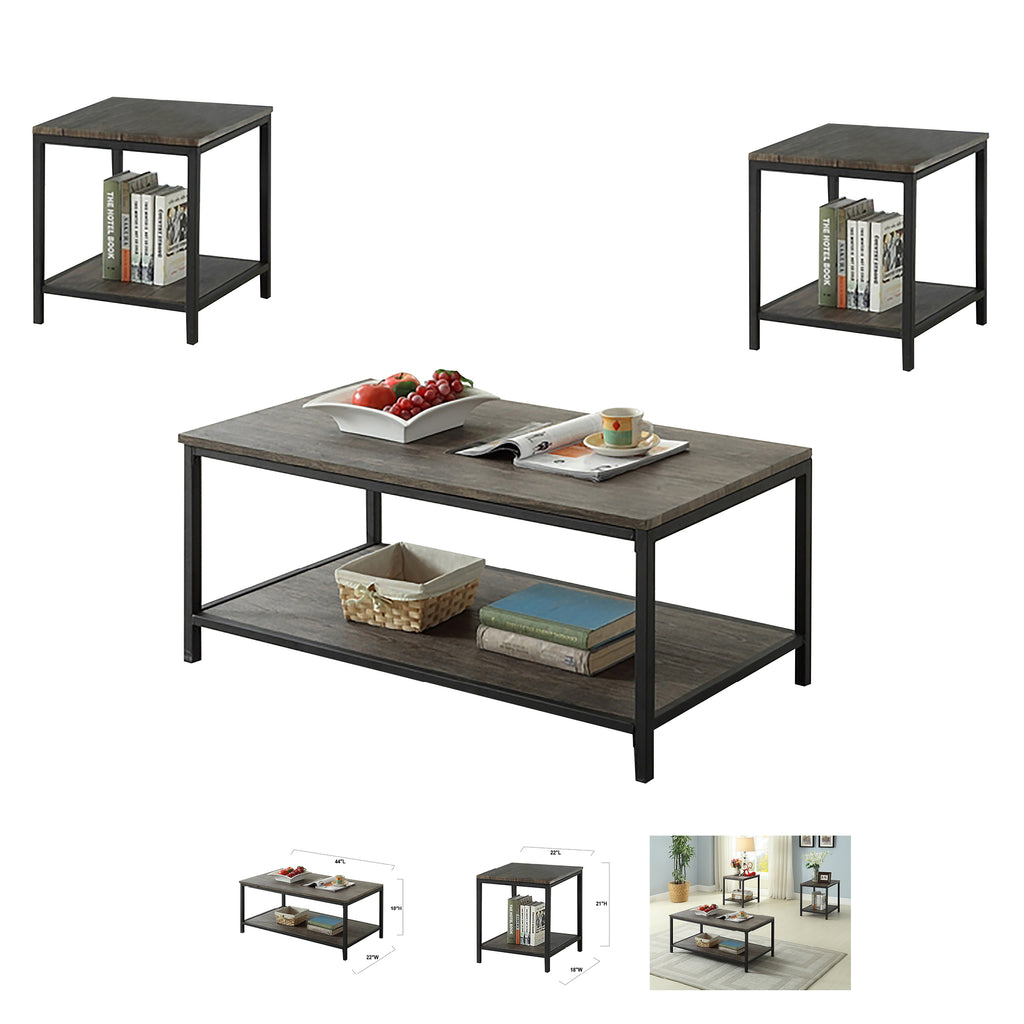 Bebelelo - Table basse 3 pièces avec 2 tables d'appoint, base en métal et bois espresso