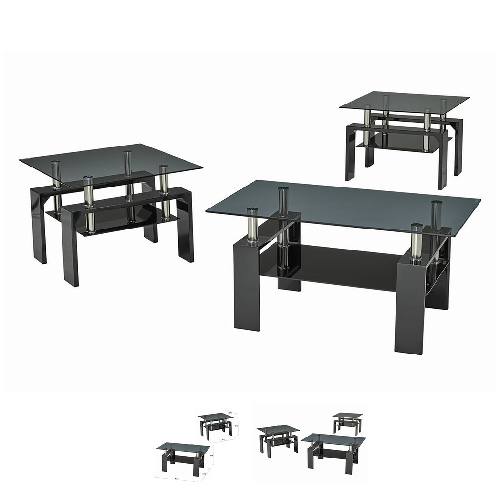 Bebelelo - Table basse 3 pièces avec 2 tables d'appoint, verre 6mm, noir brillant