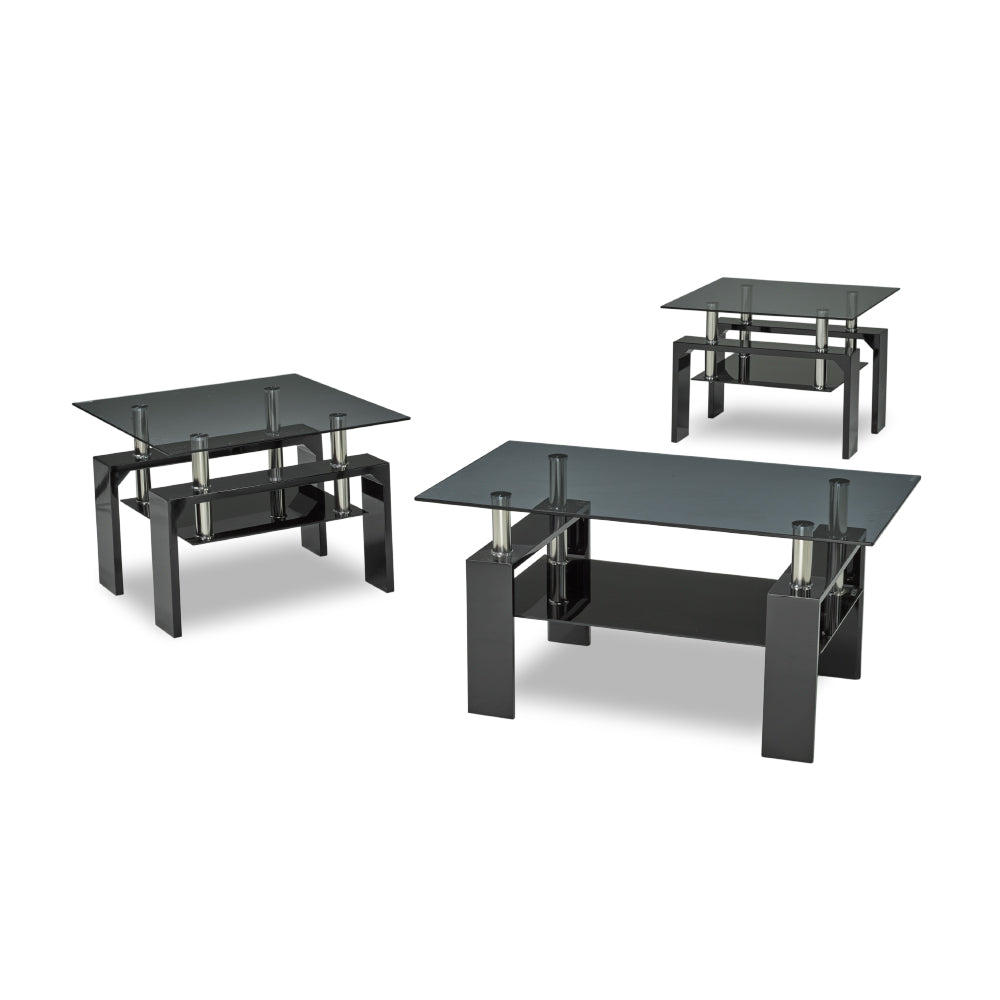 Bebelelo - Table basse 3 pièces avec 2 tables d'appoint, verre 6mm, noir brillant