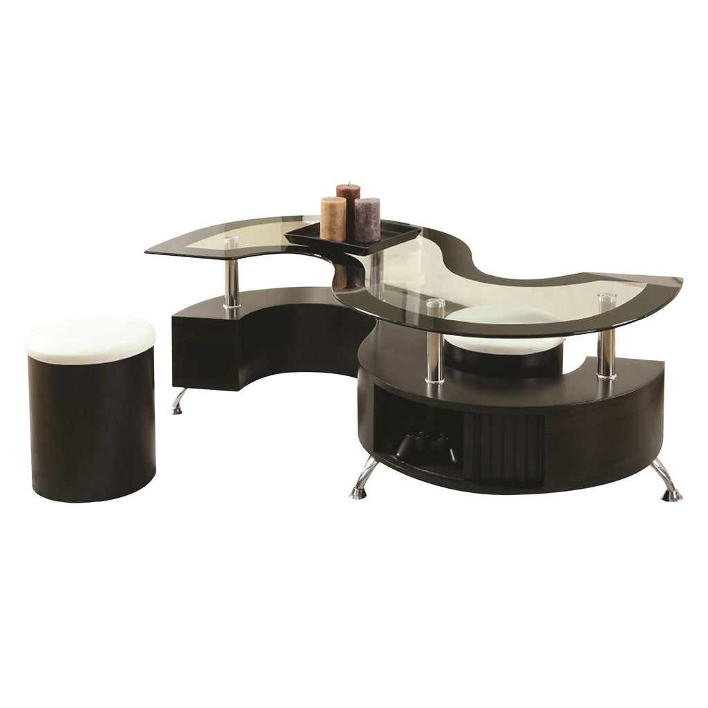 Table basse Bebelelo avec 2 tabourets et rangement, dessus en verre et pieds en Espresso