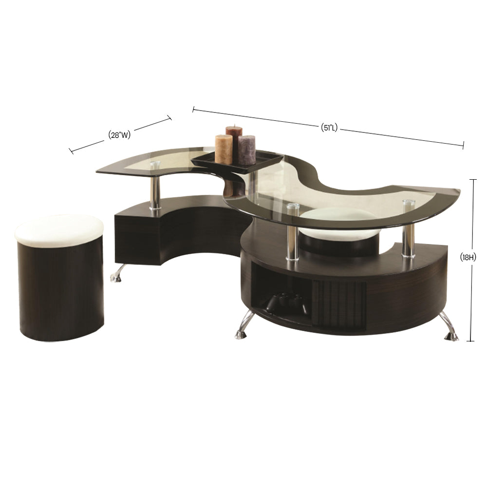 Table basse Bebelelo avec 2 tabourets et rangement, dessus en verre et pieds en Espresso