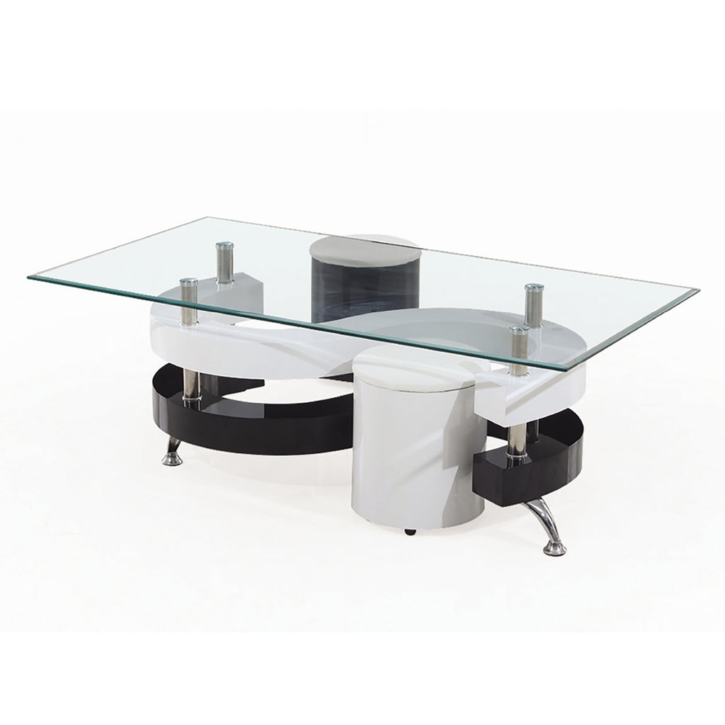 Table basse Bebelelo avec 2 tabourets, dessus en verre blanc et pieds en métal