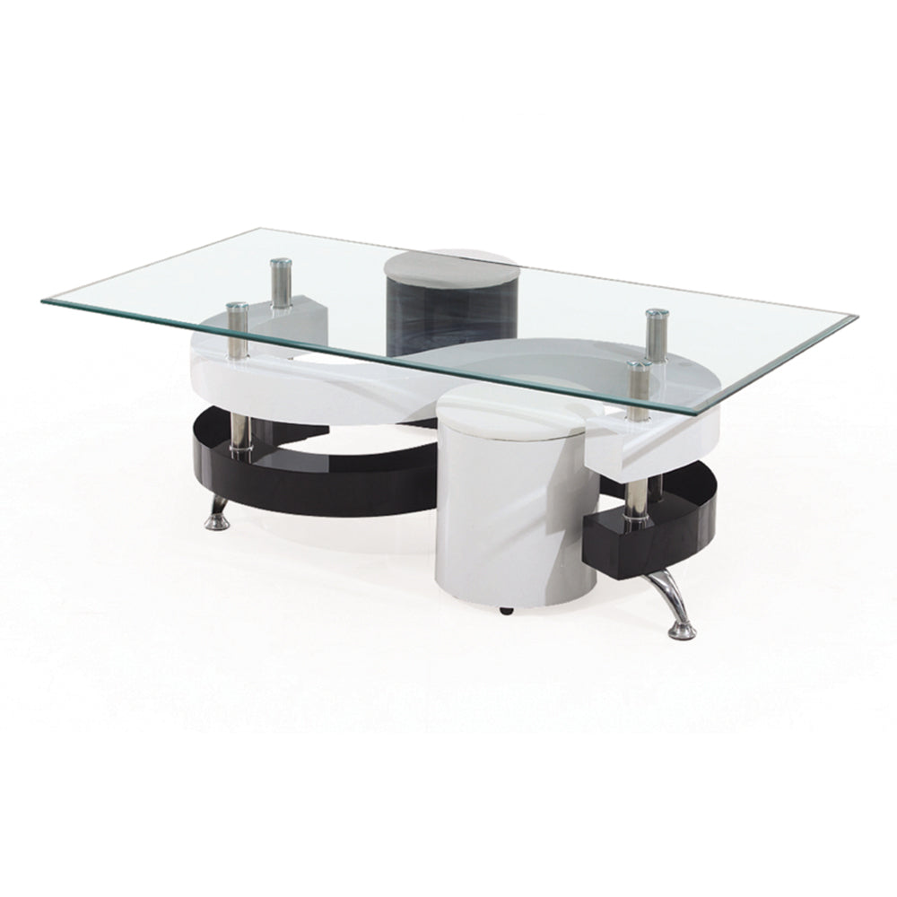 Table basse Bebelelo avec 2 tabourets, dessus en verre blanc et pieds en métal