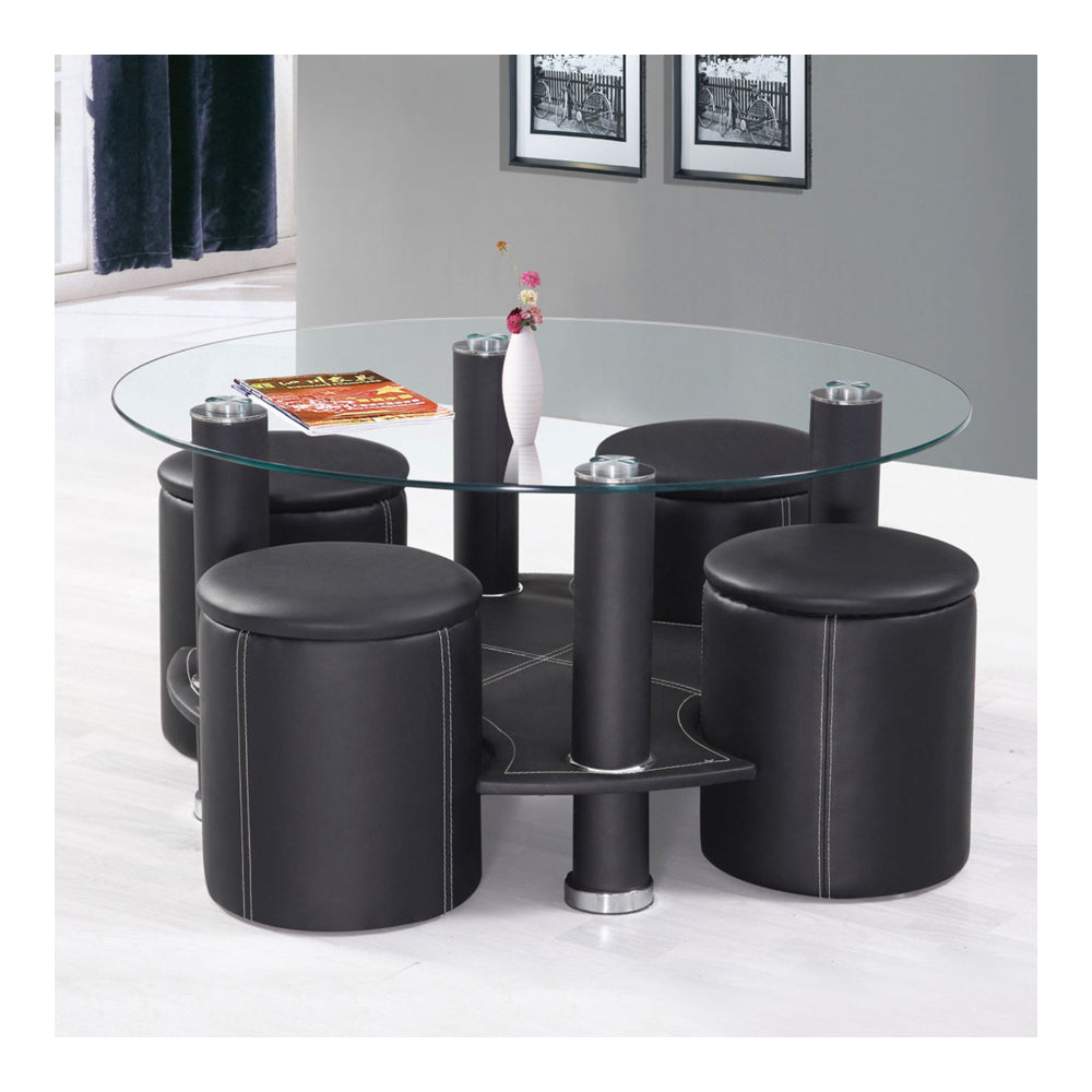 Bebelelo Ensemble table basse et 4 tabourets, plateau en verre noir et surpiqûres contrastées