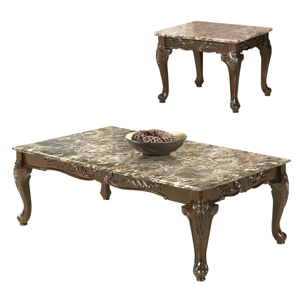 Table basse Bebelelo 3 pièces et 2 tables d'appoint, noyer et marbre brun clair
