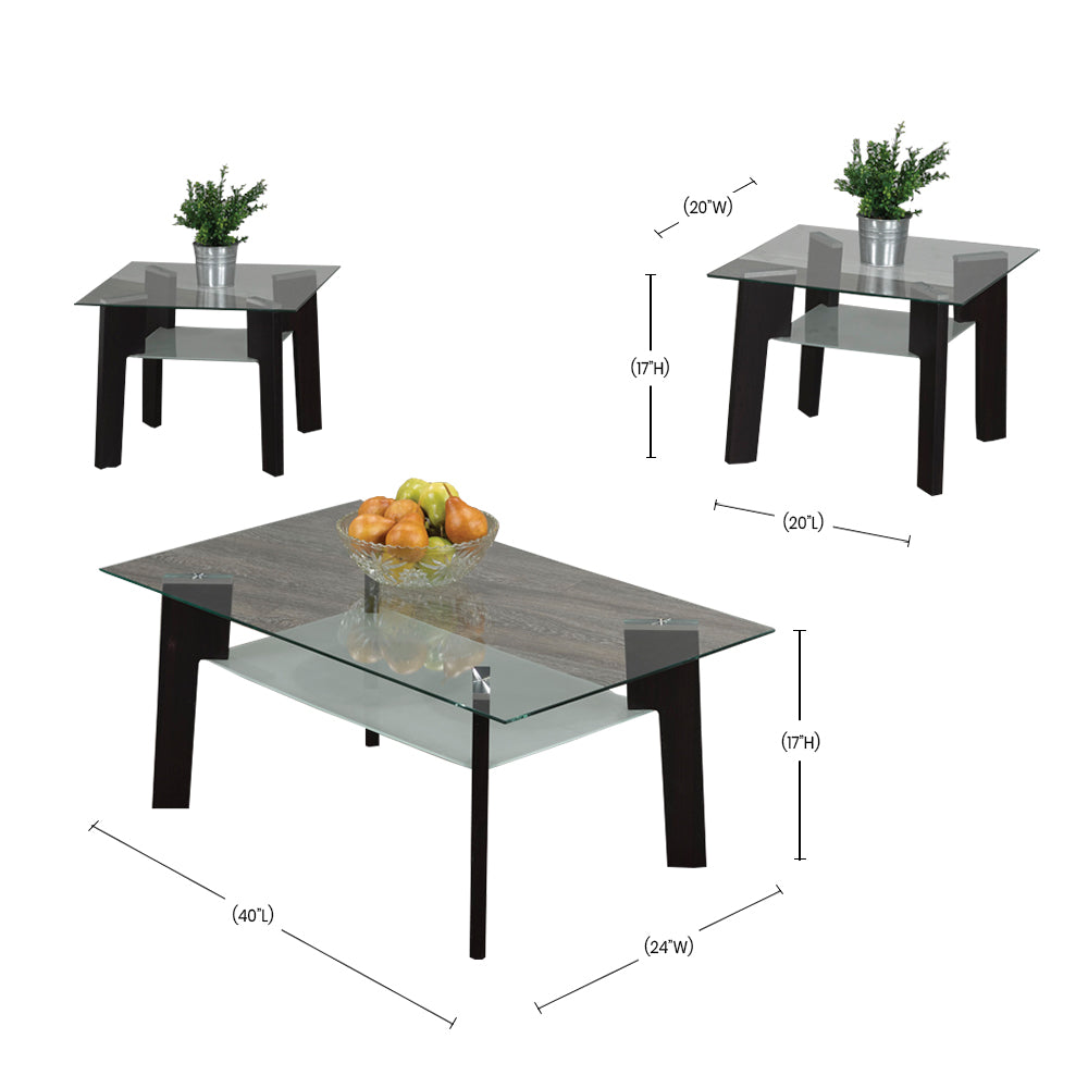 Bebelelo - Table basse 3 pièces avec 2 tables d'appoint, dessus en verre et pieds en métal expresso.