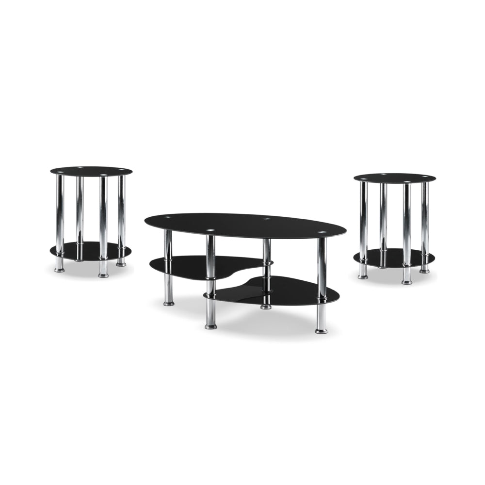 Bebelelo, table basse 3 pièces avec 2 tables d'appoint, verre trempé et pieds chromés