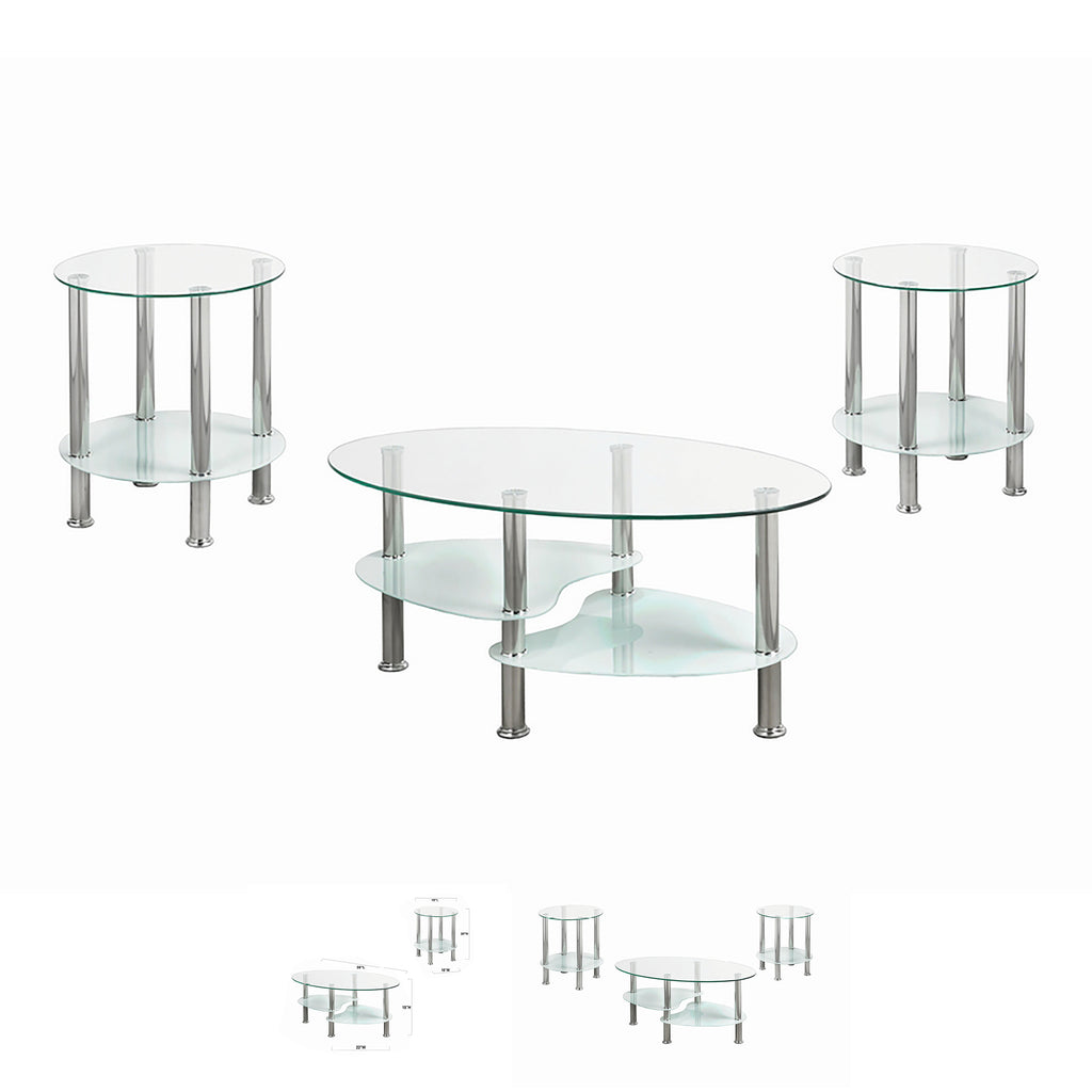 Bebelelo - Table basse 3 pièces et 2 tables d'appoint, plateau en verre trempé et pieds chromés