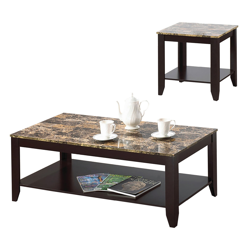 Table basse 3 pièces Bebelelo avec 2 tables d'appoint, dessus en marbre brun, expresso