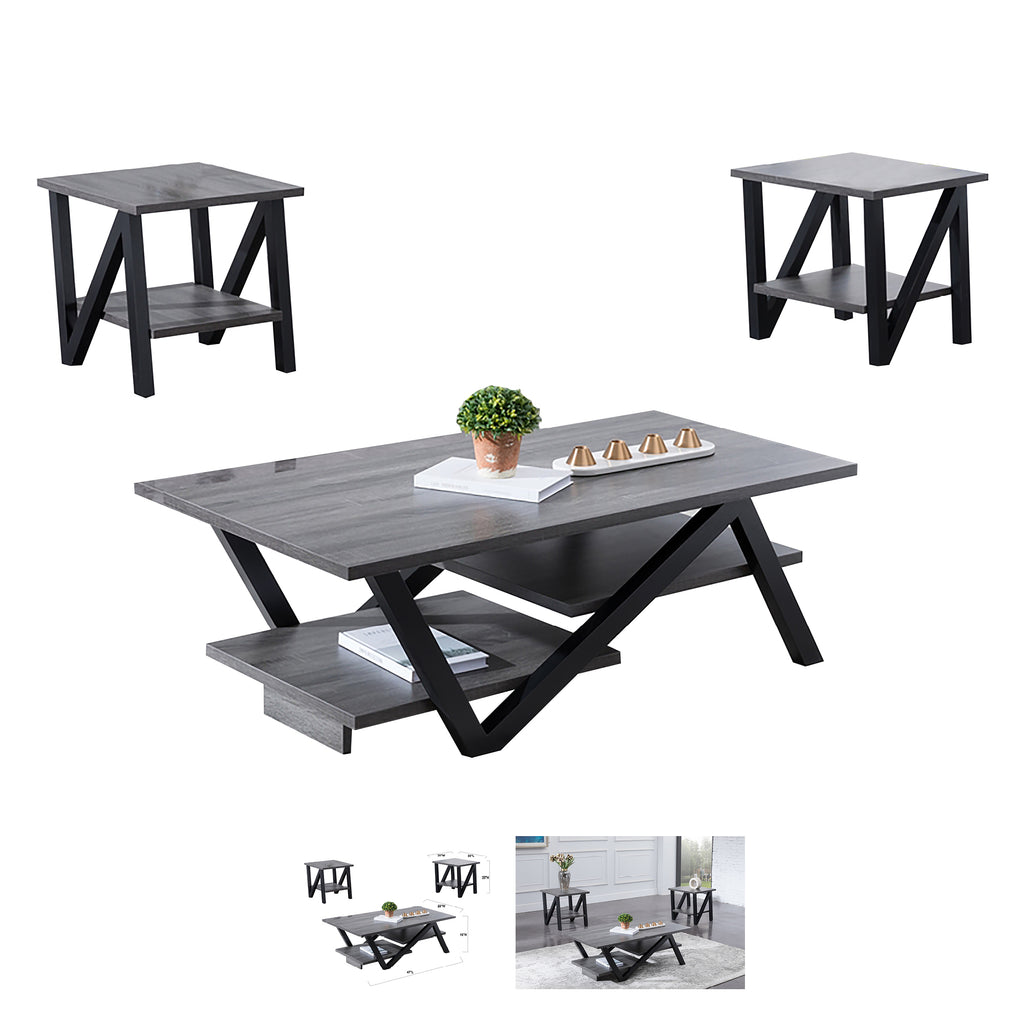Bebelelo - Ensemble table basse 3 pièces avec 2 tables d'appoint, dessus en bois gris et pieds noirs