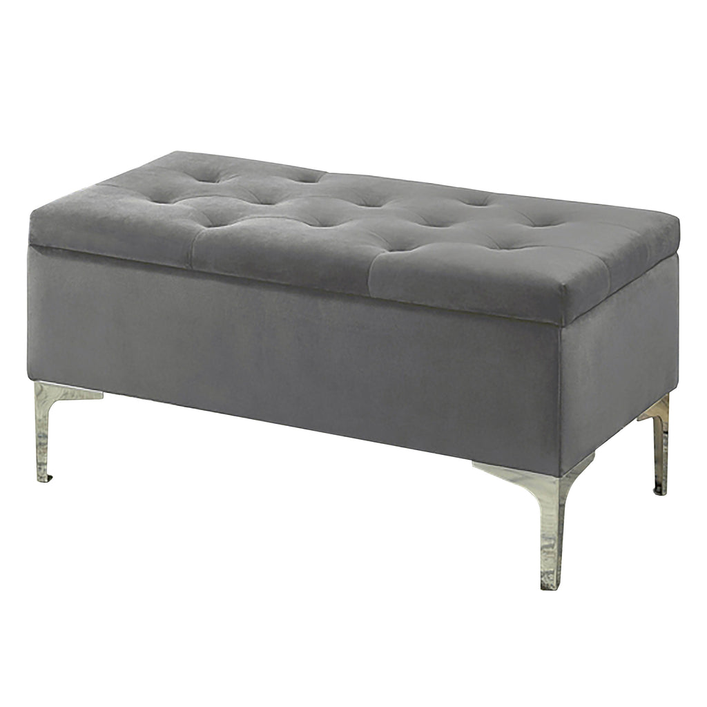 Banc de rangement en velours gris à 36 po de longueur, à touffes profondes et à pattes chromées Bebelelo