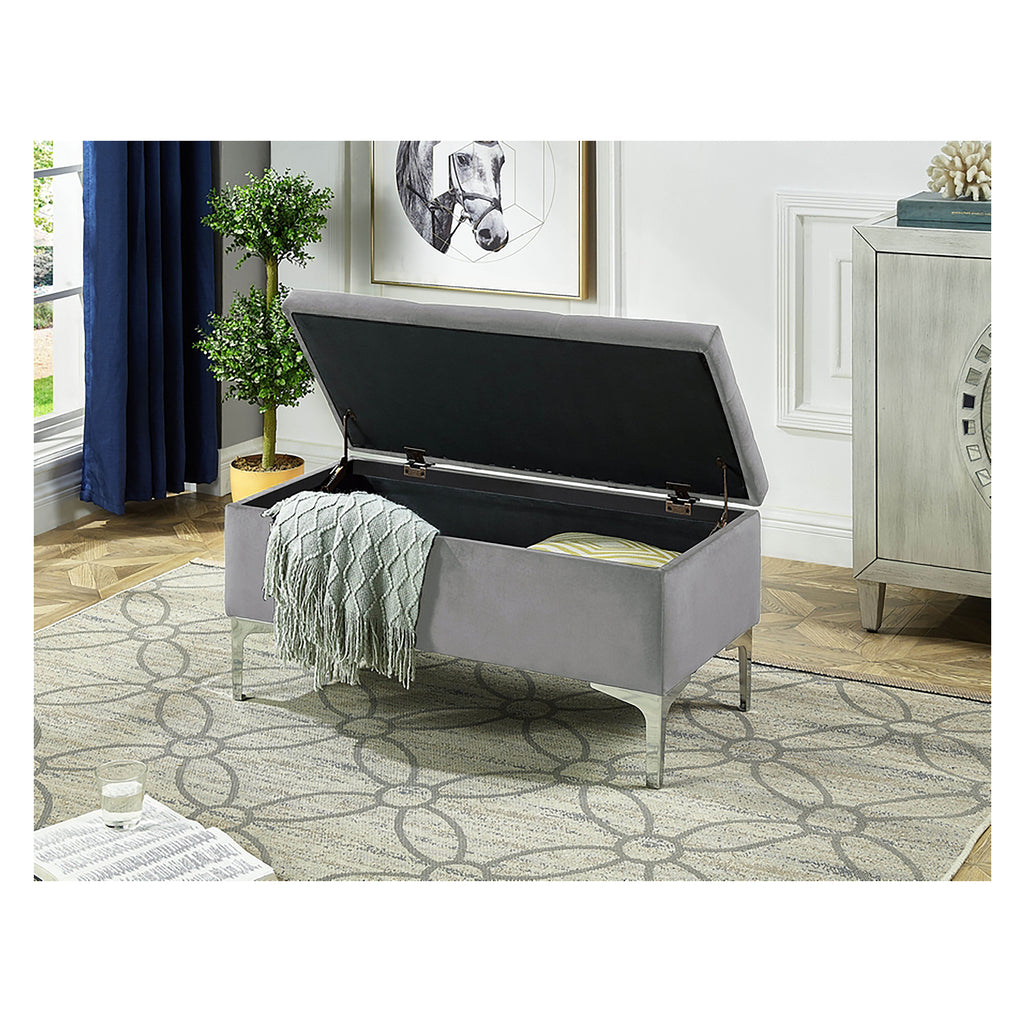 Banc de rangement en velours gris à 36 po de longueur, à touffes profondes et à pattes chromées Bebelelo