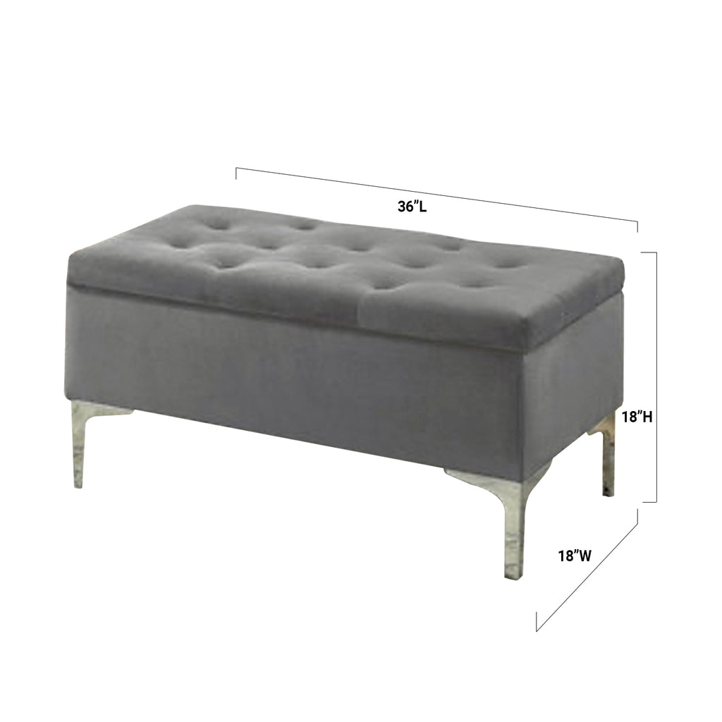 Banc de rangement en velours gris à 36 po de longueur, à touffes profondes et à pattes chromées Bebelelo