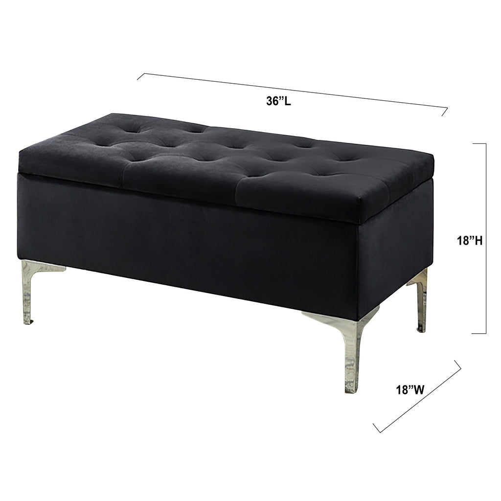 Banc de rangement en velours noir de 36 po de long avec touffes profondes et pattes chromées Bebelelo