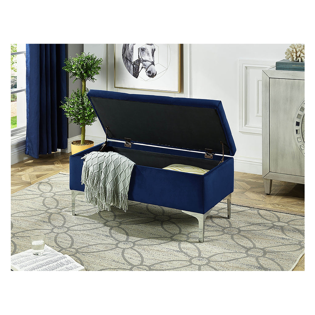 Bebelelo - Banc de rangement en velours bleu de 36 po de long, touffetage profond et pattes chromées